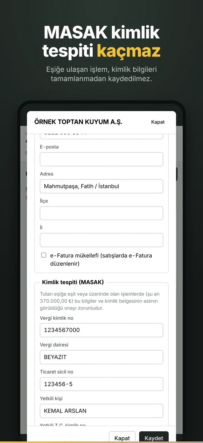 MEBA GOLD telefonda MASAK kimlik tespiti ekranı